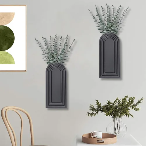 Vista 7 de Dnnnii Juego de 2 jarrones de pared de madera, acabado negro, decoración de pared moderna de granja y bohemio para entrada, pasillo, baño, sala