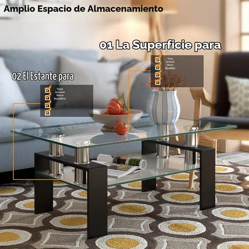 Vista 7 de Mesa de centro rectangular de vidrio de 39.4 pulgadas, mesa de centro negra con vidrio templado y patas de metal, mesa central moderna de 2 niveles