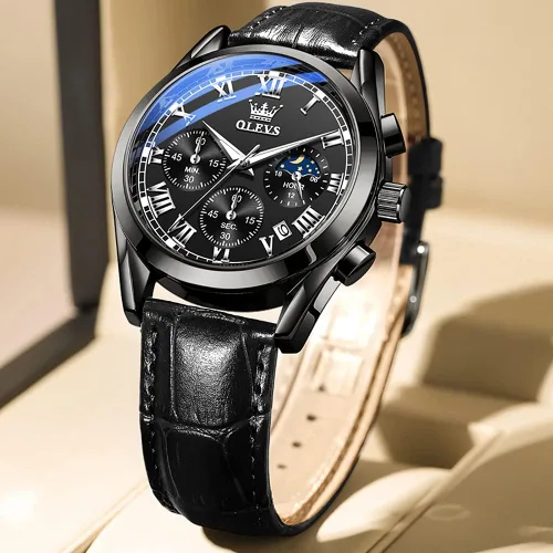 Vista 9 de OLEVS Reloj para hombres cronógrafo marrón cuero oro caso analógico cuarzo moda negocios vestido grande hombres reloj día fecha luminoso impermeable