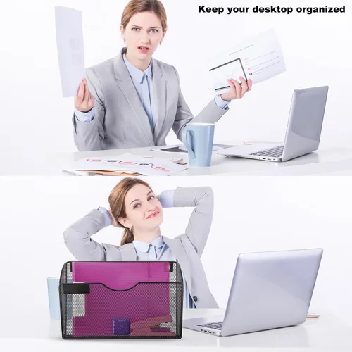 Vista 6 de Organizador de archivos de pared de malla con 1 bolsillo, organizador de archivos para colgar en la oficina, revistero, juego de ganchos
