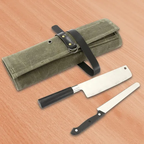 Vista 6 de Bolsa enrollable para cuchillos de chef, 9 bolsillos, funda de lona para cuchillos, cartera para cuchillos, protectores para cuchillos de chef