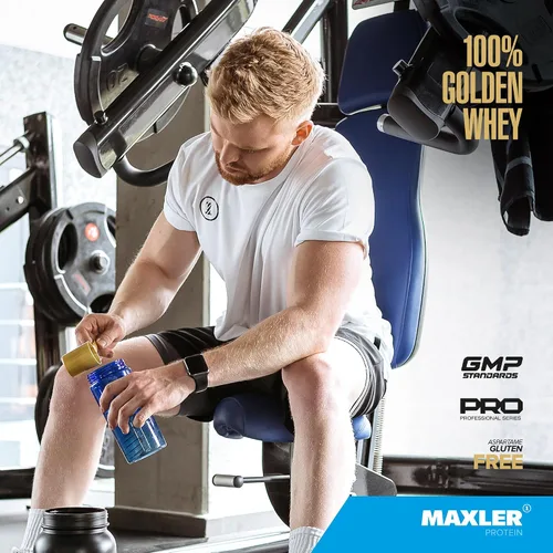 Vista 4 de Maxler Proteína de suero de leche 100% dorada, 0.94 onzas de proteína por porción, proteína de suero en polvo para antes del entrenamiento