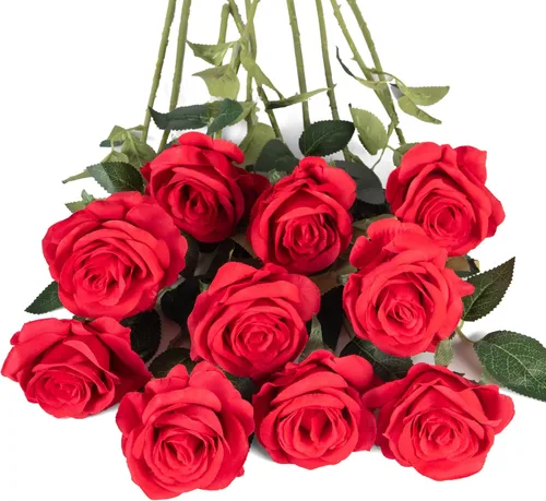Vista 12 de 10 rosas artificiales de tallo largo, rosas de seda falsas para bricolaje, ramo de boda, mesa, centro de mesa, decoración del hogar (negro)