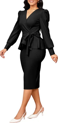 Vista 5 de Vestidos elegantes para mujer, sexy, para iglesia, manga larga, volantes, negocios, lápiz, vintage, peplum, para llevar al trabajo