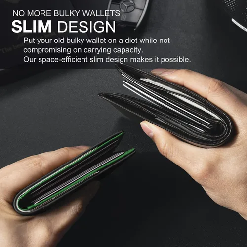 Vista 3 de GSOIAX Billetera delgada para hombre minimalista de cuero genuino fibra de carbono con bloqueo RFID de cuero vacuno plegable con caja de regalo