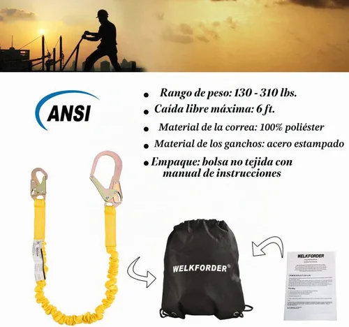 Vista 6 de Cordón de Seguridad Extensible de Una Sola Pierna de 6 Pies con Protección contra Caídas y Absorción de Impactos Interna con Conectores de Gancho