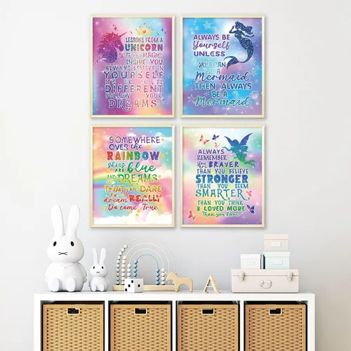 Vista 6 de Pósteres de decoración de pared de unicornio arcoíris para habitación de niñas, decoración de dormitorio de sirena de hada para habitación de niñas