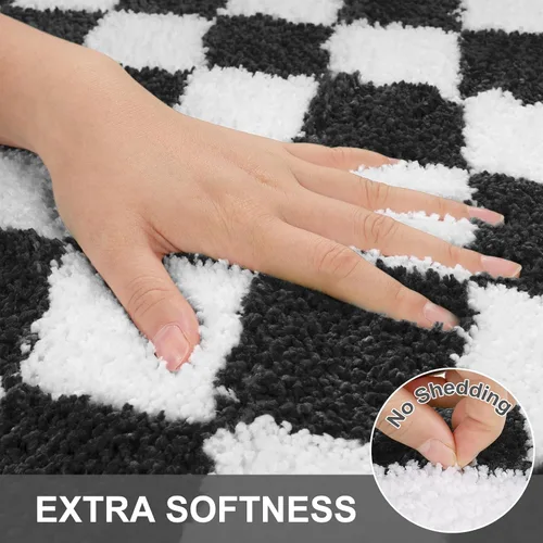 Vista 2 de Alfombras redondas a cuadros para baño, lavables a máquina, negras y blancas de 2 pies, alfombrilla de baño antideslizante y absorbente, alfombra