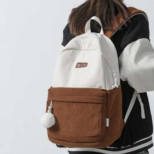 Vista 2 de Verdancy Mochila retro de pana para adolescentes, escuela, universidad, viajes, vintage, estética, mochila kawaii, mochila escolar casual, Marrón