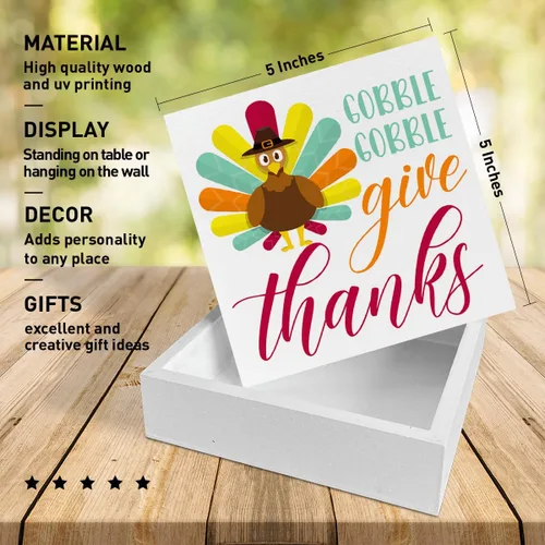 Vista 2 de Decoración de mesa de madera de Acción de Gracias, decoración de mesa de otoño con texto en inglés "Gobble Give Thanks", decoración de mesa de otoño