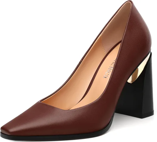 Vista 35 de Tacones altos para mujer, zapatos de vestir de tacón grueso con puntera cuadrada cerrada de patente, tacones elegantes, zapatos de vestir diarios