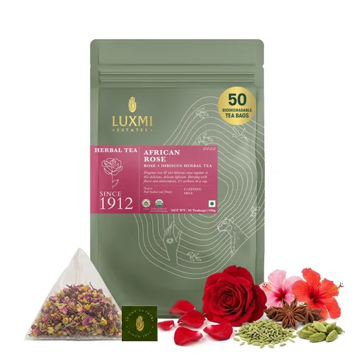 Vista 9 de Luxmi Estates African Rose - Té de rosa orgánico de hibisco (25 bolsas de té), sin cafeína, para desintoxicación, limpieza y digestión, con té
