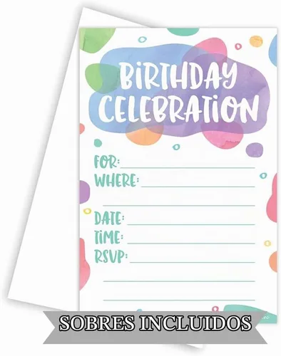 Vista 3 de Puntos de acuarela – Invitaciones de fiesta de cumpleaños – Estilo de relleno (20 unidades) con sobres