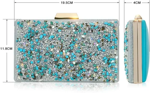Vista 3 de Bolso de mano brillante para mujer, elegante, con purpurina, para boda, fiesta, graduación, color azul, Azul