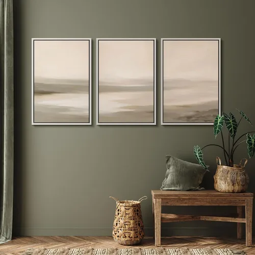 Vista 402 de SIGNFORD - Set de obras de arte en lienzo enmarcado para pared, ilustraciones abstractas de neblina del desierto en tonos neutros beige y marrón