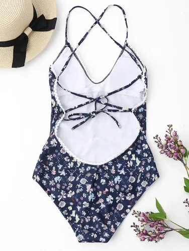 Vista 5 de Traje de baño sin espalda con estampado floral de encaje sexy para mujer