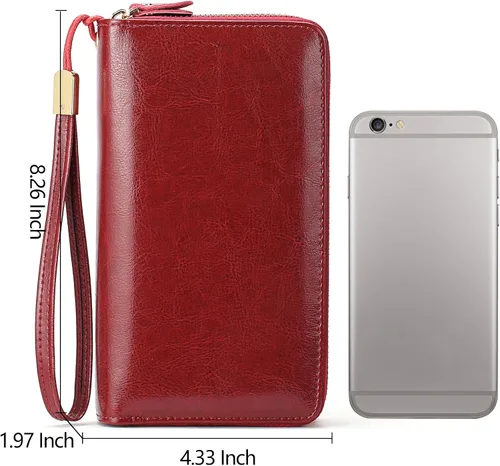 Vista 5 de SENDEFN Carteras de cuero para mujer, bloqueo RFID, doble cremallera alrededor del tarjetero de crédito, gran capacidad, 1-cera-vino tinto, Moderno