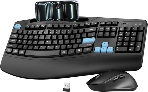 Vista 13 de Combo de teclado y mouse inalámbricos, teclas onduladas de tamaño completo 2.4G, teclado ergonómico con reposamuñecas, soporte para teléfono, mouse