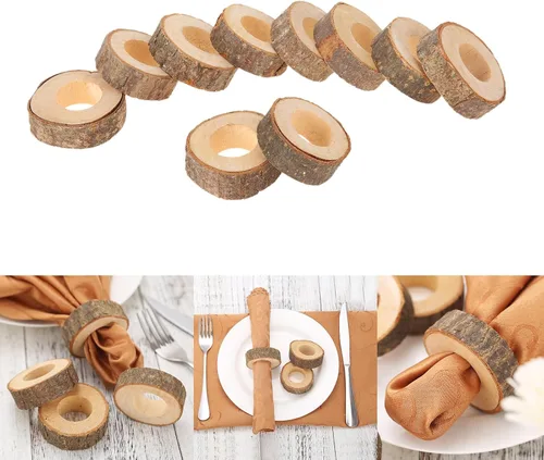 Vista 2 de Servilleteros de madera rústica, hecho a mano, creativo, soporte redondo para mesa de cena y decoración de fiesta de boda (10)