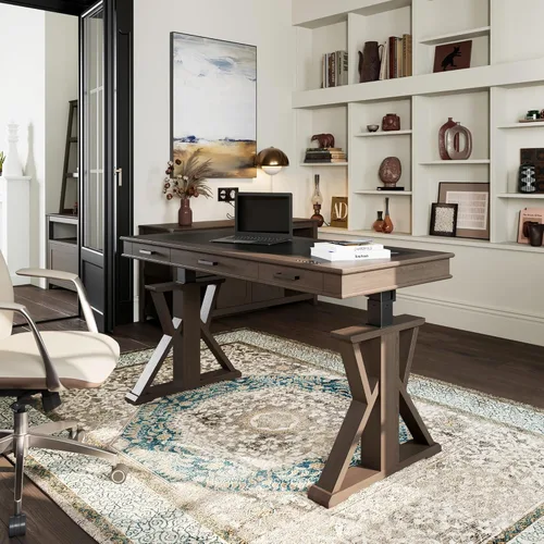 Vista 3 de EUREKA ERGONOMIC Escritorio de pie de cuero, escritorio ejecutivo de 1.52 m con cajones, escritorio moderno de pie y sentado con patas en forma de X