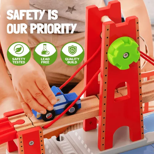 Vista 5 de Giant bean Juego de 117 piezas de tren Busy Port City para niños, juego de vías de tren de madera ampliables y cambiables, juguete grande de Navidad