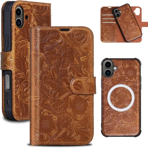Vista 29 de Funda de cuero compatible con iPhone 16 Pro Max Cartera 6.9", cuero genuino 2 en 1, magnética, desmontable, a prueba de golpes, funda tipo folio