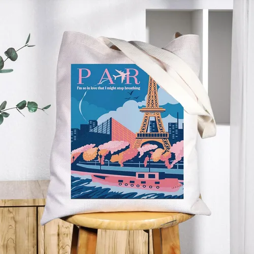 Vista 5 de BWWKTOP Bolsa de lona de París, regalo de viaje de París y bolsa de comestibles reutilizable