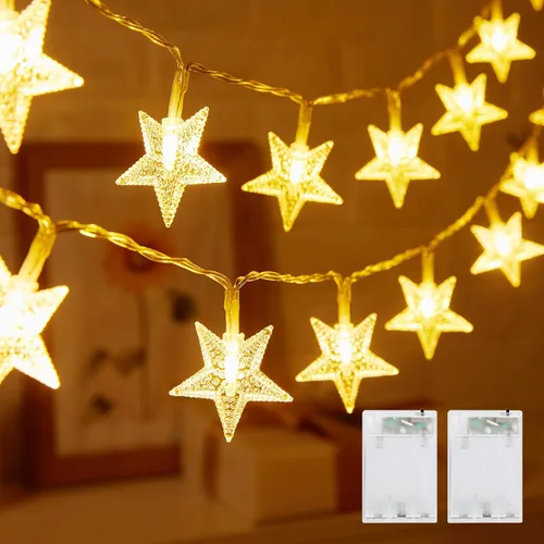 Vista 8 de Minetom - Cadena de luces con forma de estrella operadas a pilas - 5.2 m, 50 luces LED, impermeables, con temporizador, para decoración
