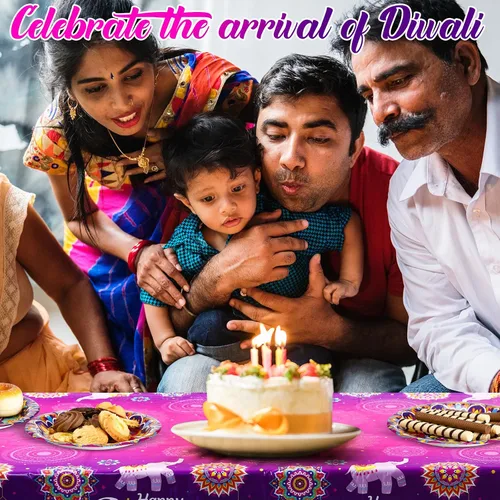 Vista 7 de Peryiter Happy Diwali Mantel desechable, mantel de plástico para mesas rectangulares, mantel Diwali para decoración de fiesta, celebración de luz