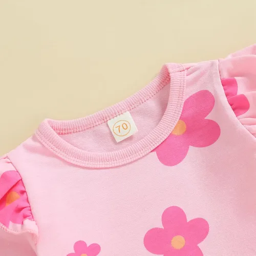 Vista 3 de MAYUMMPY Conjunto de 2 piezas de sudadera con cuello redondo floral y pantalones para bebé niña
