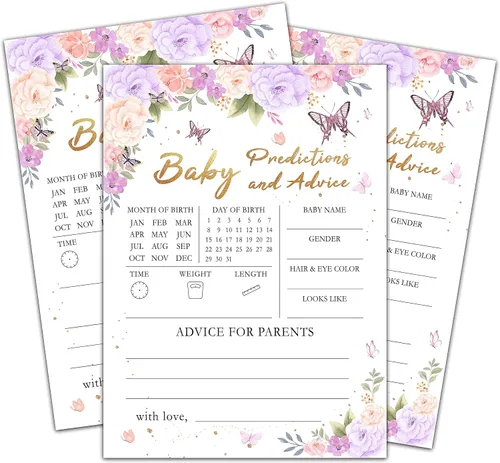 Vista 6 de Juegos de baby shower para niñas, juego de bingo de mariposa púrpura para baby shower, decoraciones florales moradas para fiestas de revelación