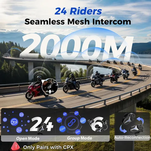 Vista 2 de Moman CPX Motorcycle Group - Intercomunicador de malla, sistema de comunicación de malla para 24 ciclistas BT5.4, casco con altavoz, auriculares