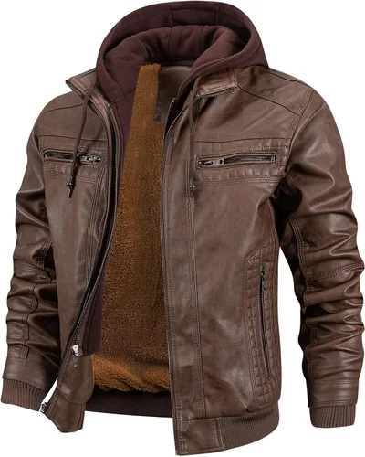 Vista 11 de INVACHI Men's Faux Leather Jacket, Motorcycle Bomber with Removable Hood Un negro