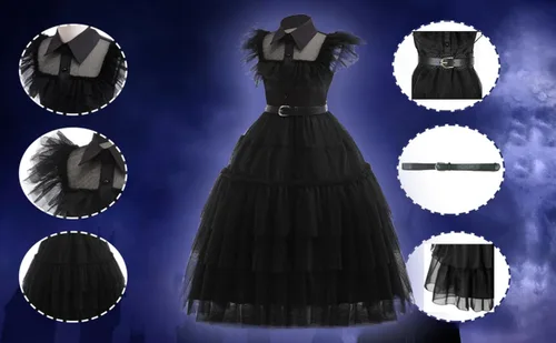 Vista 4 de Meiniyea Disfraz de miércoles Addams para niñas, disfraz casual para niños, disfraz de Halloween, cosplay, vestido de fiesta, color negro