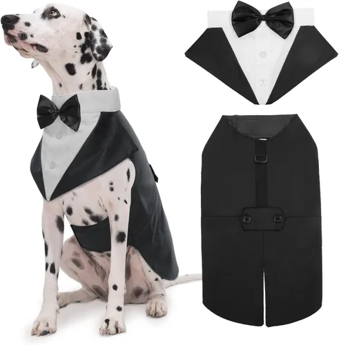 Vista 16 de Kuoser Conjunto de esmoquin para perro, traje de perro y bandana, disfraz Negro
