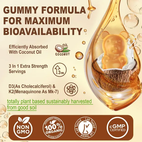 Vista 6 de Gomitas de oso de vitamina D3 K2 – Vitamina D3 5000iu y vitamina K2 de 200 mcg + calcio 600 mg para adultos y apto para GLP-1, aceite de coco