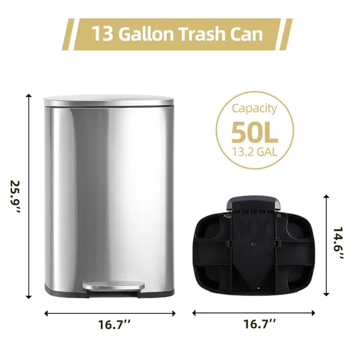 Vista 4 de GAOMON Bote de basura rectangular de acero inoxidable para uso comercial o de cocina, 50 L / 13 galones, resistente a las huellas dactilares, tapa