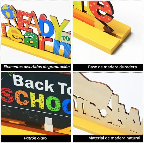 Vista 3 de 4 piezas de decoración de fiesta de regreso a clases, centros de mesa de madera para la primera escuela, listos para aprender, para escuela, aula