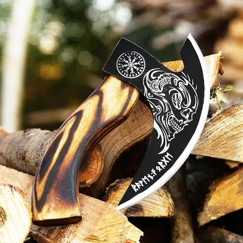 Vista 8 de SHINY CRAFTS® Hacha Cortadora de Pizza Vikinga – Hoja de Acero al Carbono con Grabado Negro y Funda – Auténtico Regalo Medieval para Él, Hacha