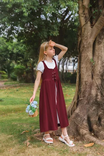 Vista 4 de Vestido renacentista para niñas, disfraz de princesa medieval, conjunto de dos piezas, 6-14 años