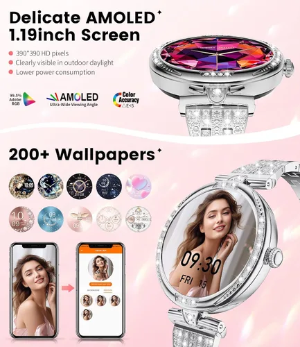 Vista 2 de LIGE Relojes inteligentes para mujeres (Responder/Realizar llamada) con diamantes, reloj inteligente AMOLED de 1.19” con monitor de ritmo