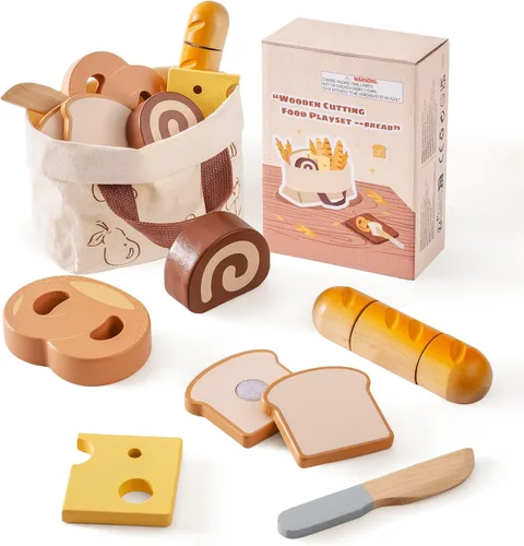 Vista 9 de ROBOTIME Juego de comida de madera 4 en 1, juego de juguete de simulación para jugar cocina con bolsa de compras, accesorios de cocina para niños