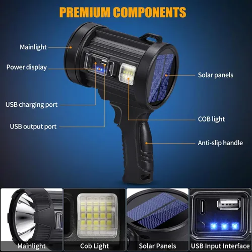 Vista 8 de Foco recargable, 99000 lúmenes, linterna LED brillante, reflector de luz de larga duración, focos de mano para exteriores con paneles solares