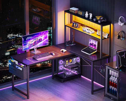Vista 4 de ODK Escritorio en forma de L de 43 pulgadas con iluminación LED, escritorio reversible para juegos con tomas de corriente, mesa de computadora