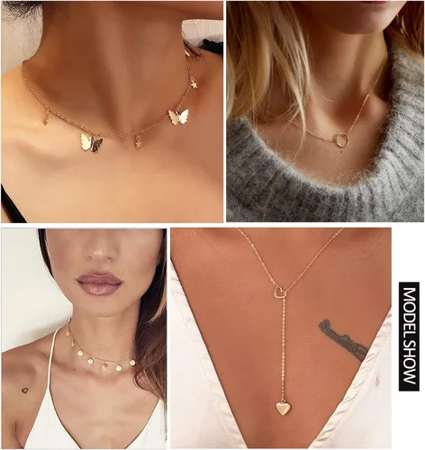 Vista 3 de Honsny 20 collares de gargantilla en capas para mujer colgante de barra de monedas de oro y plata collar multicapa lindo collar de perlas de luna