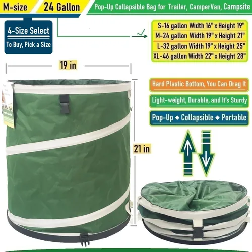 Vista 5 de Bote de basura plegable de 24 galones (19 x 21 pulgadas), bolsa de jardín con parte inferior de carcasa dura, contenedor de reciclaje emergente