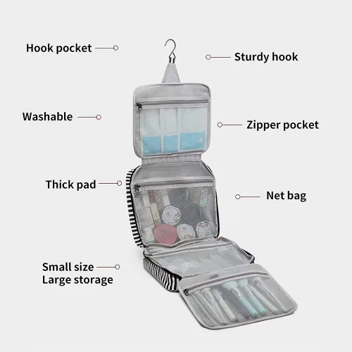Vista 3 de Lmbabter Bolsa de maquillaje colgante de viaje, bolsa de aseo impermeable, gran almacenamiento para viajes, baño, mujeres y hombres, Negro-blanco