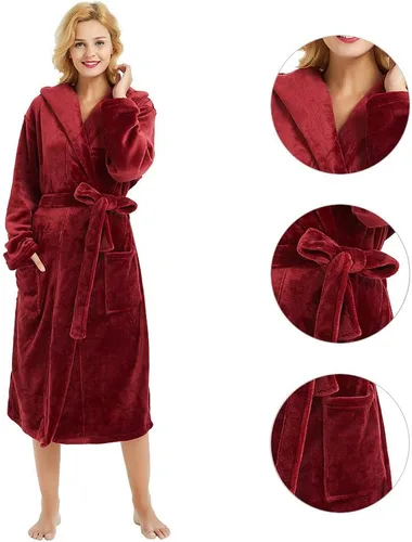 Vista 24 de HEARTNICE Bata de forro polar con capucha para mujer, bata de baño suave para mujer, bonito abrigo largo para casa