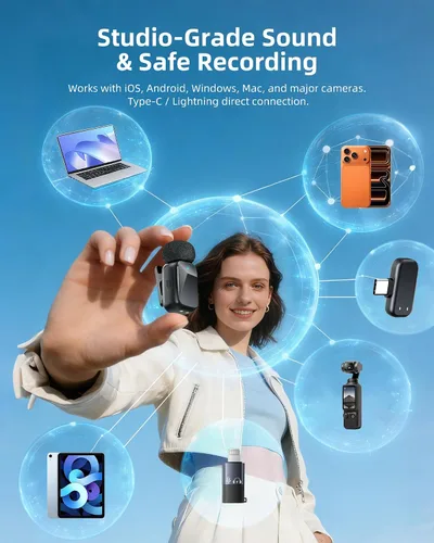 Vista 5 de Mini micrófono inalámbrico Lavalier para iPhone y cámara Android, micrófonos inalámbricos de doble canal con cancelación de ruido AI, rango de 328