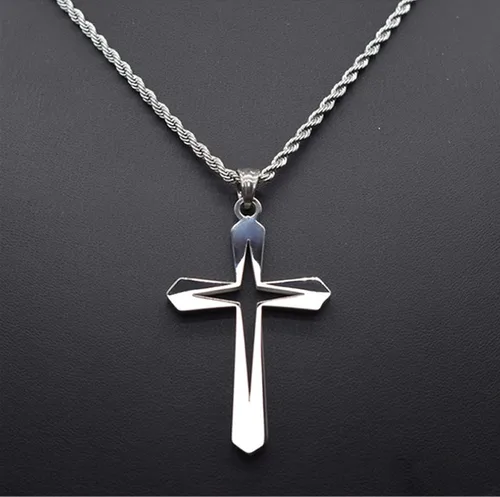 Vista 3 de Caiyao Collares de acero inoxidable con colgante de cruz de estrella hueca, hipoalergénicos, cruz hueca, de plata fresca, para mujeres, hombres